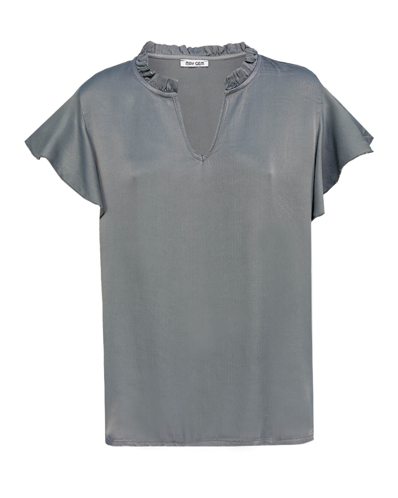 Satin T-Shirt mit Valance Ärmeln und V-Ausschnitt