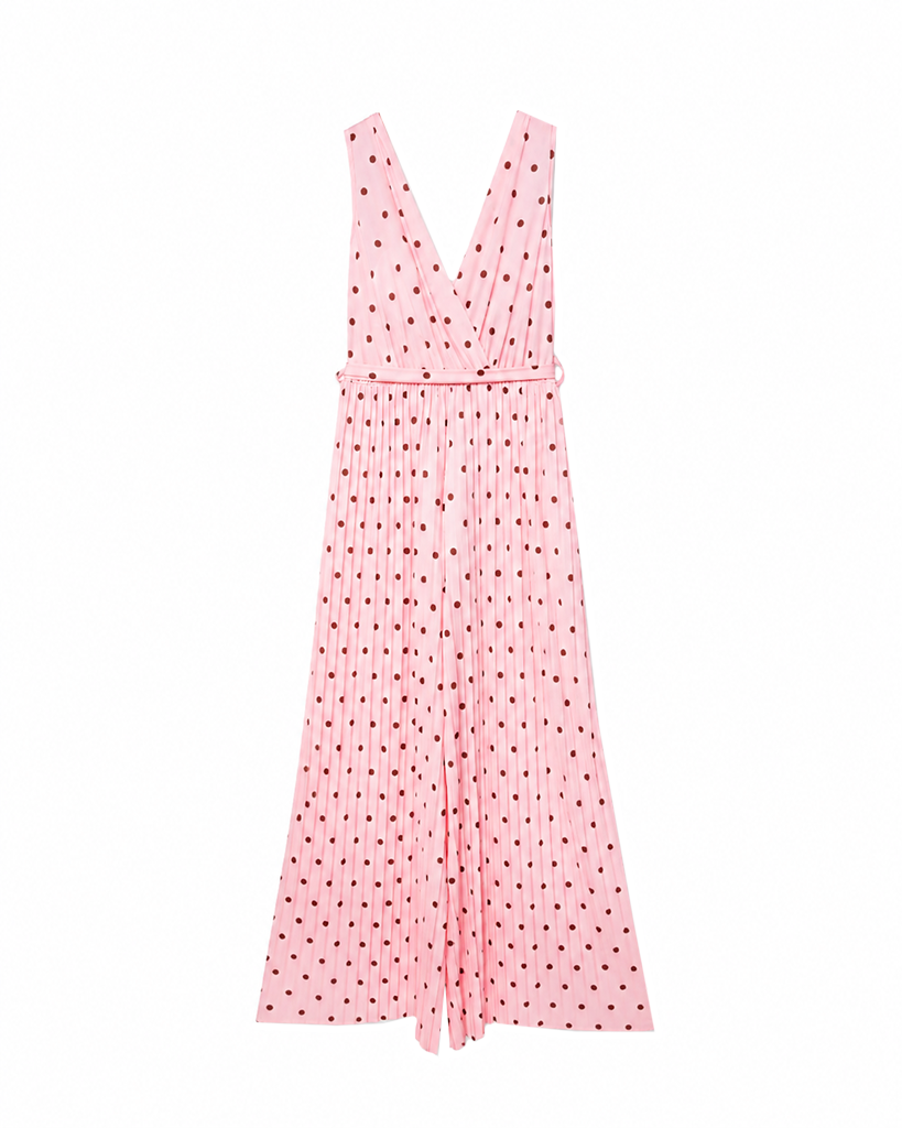 Fließender V-Wickel Jumpsuit mit Polka Dots & Taillenbindegürtel