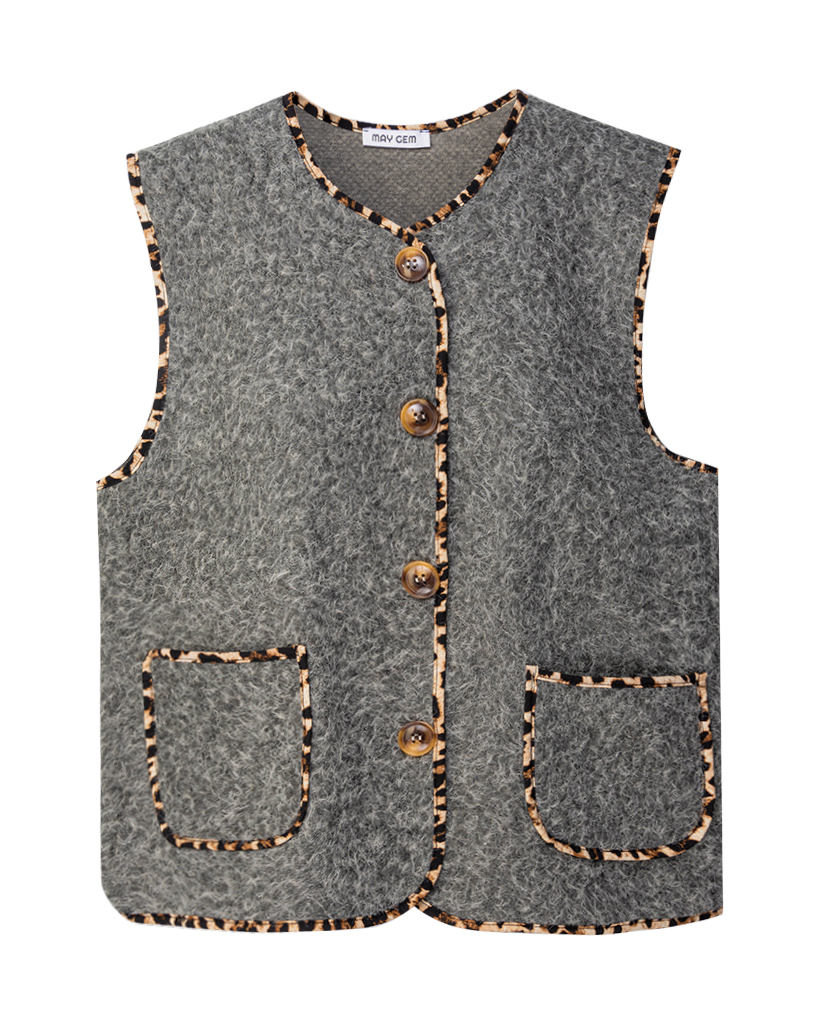 Ärmellose Filzweste mit Leoparden Muster am Rand