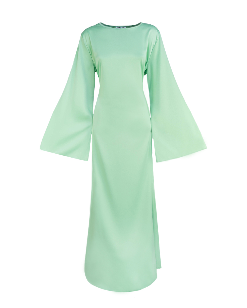 langes Kleid mit Glockenärmeln und Schnürung in der Taille