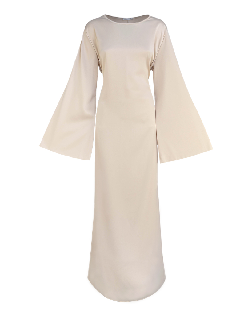 langes Kleid mit Glockenärmeln und Schnürung in der Taille