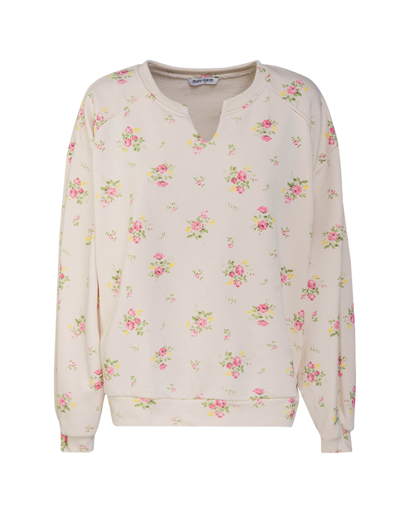 Blumenmuster Sweatshirt mit eingeschnittenem V-Kragen