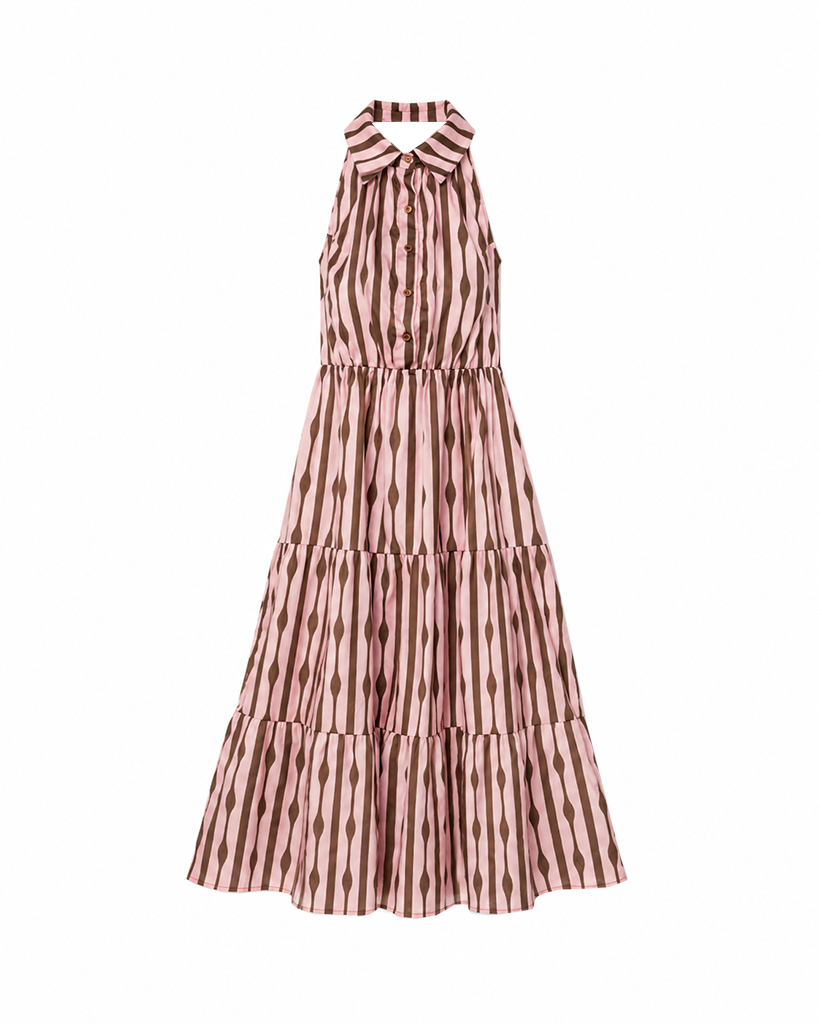 Gestuftes Streifen Maxikleid mit Hemdkragen & Rüschenrock