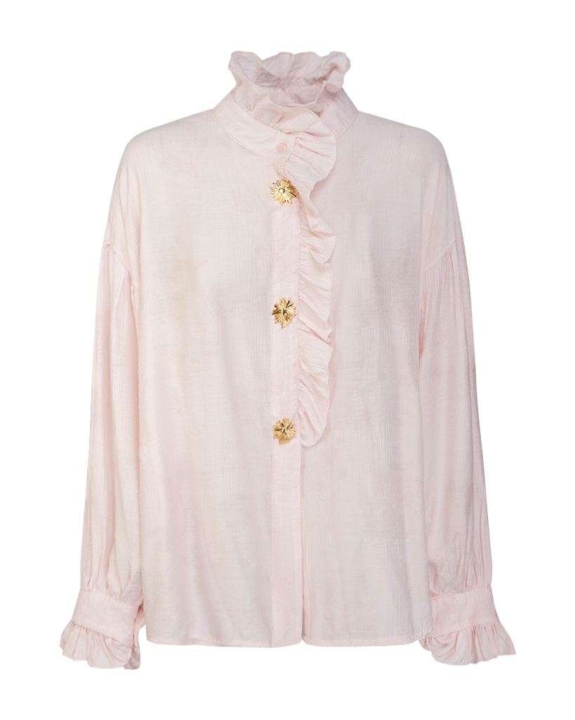 Rosa Bluse mit Sonnenknöpfen & Rüschen – Elegant & Airy Rosa Bluse mit Sonnenknöpfen & Rüschen – Elegant & Airy