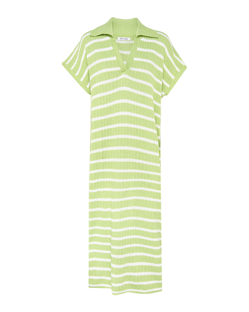 maxi Strick-Kleid mit Kragen und Streifenmuster