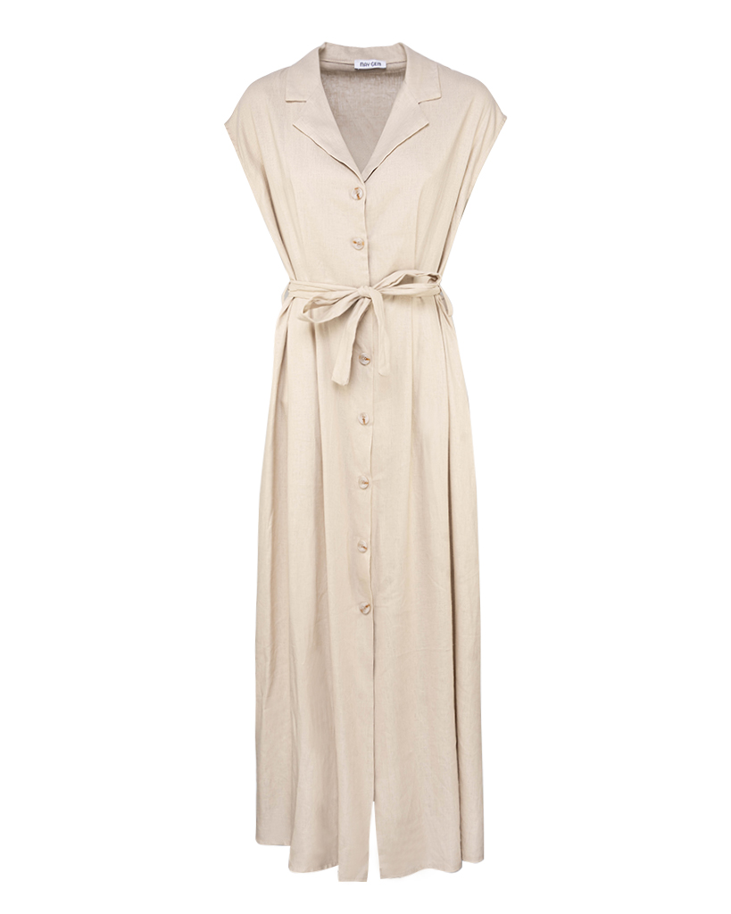 langes Leinen Kleid mit kurzen Ärmeln und Gürtel