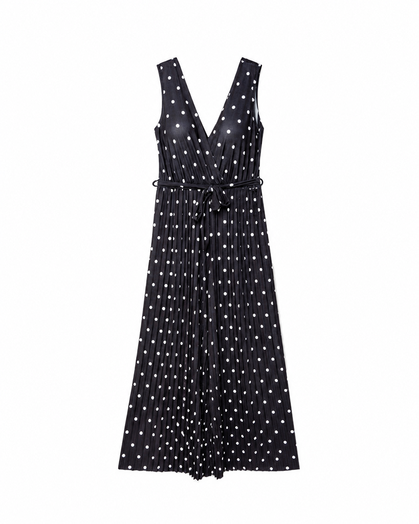 Fließender V-Wickel Jumpsuit mit Polka Dots & Taillenbindegürtel