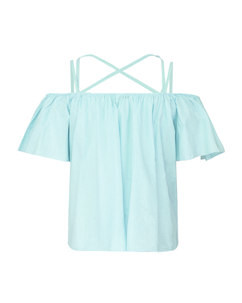 lockeres Crop-Top mit Off-Shoulder und gekreuzten Spaghettiträgern lockeres Crop-Top mit Off-Shoulder und gekreuzten Spaghettiträgern