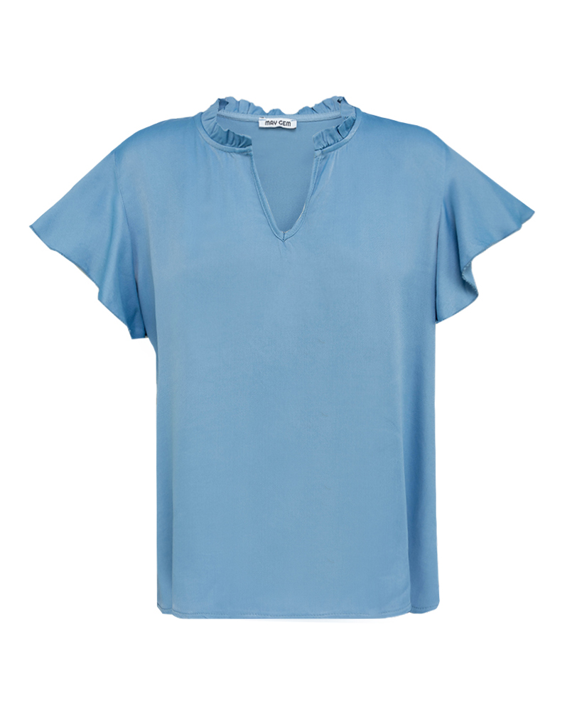 Satin T-Shirt mit Valance Ärmeln und V-Ausschnitt