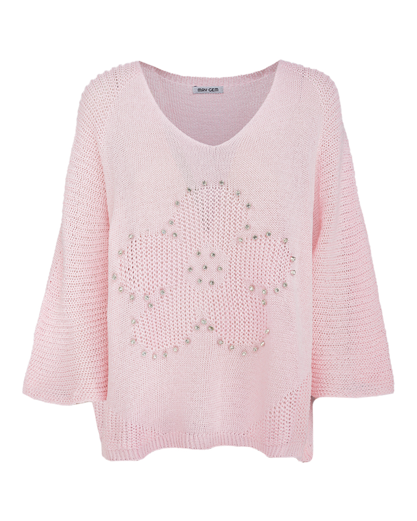 Strick Pullover mit glitzernden Steinchen in Blumenform Strick Pullover mit glitzernden Steinchen in Blumenform